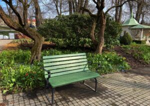 En grön bänk som är placerad i en park med vårlig grönska.