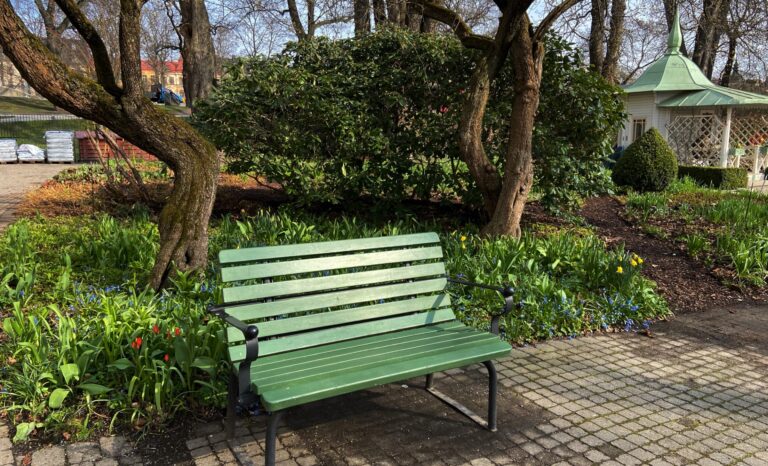 En grön bänk som är placerad i en park med vårlig grönska.